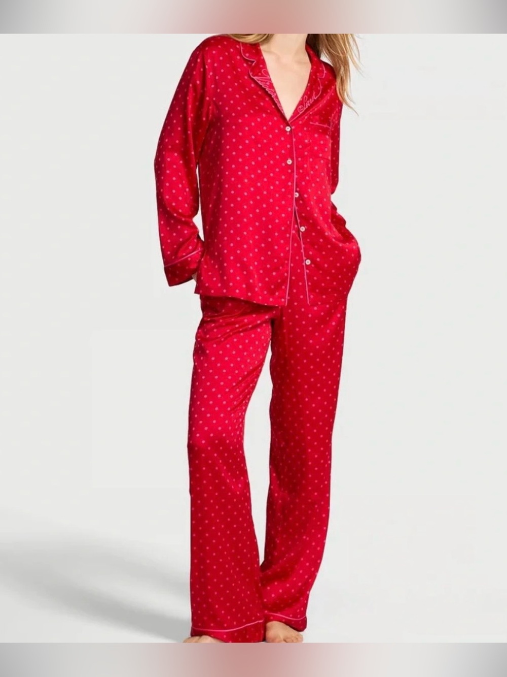 NWT Victoria’s Secret red pink polka dot striped satin long sleeve pajama set